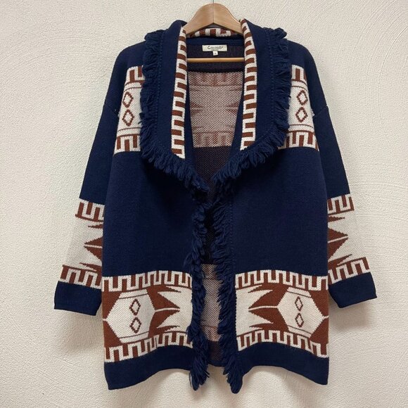 CocoGio Aztec Fringed Wool Blend Cardigan Sweater Wool Blend Made in Italy Sz S - Picture 1 of 6